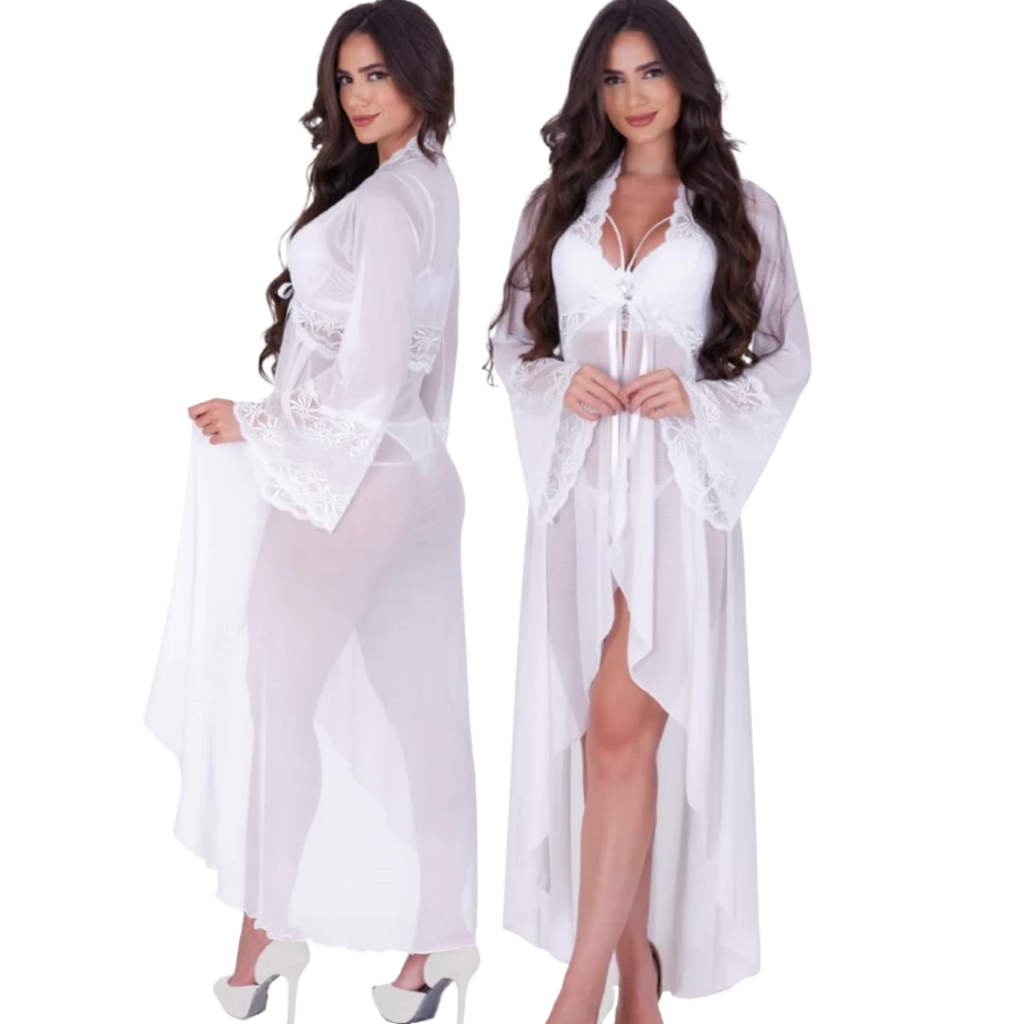 Kit Robe Feminino Longo Lingerie Sexy de Tule e Renda Roupão Lua De Mel Chá De Lingerie