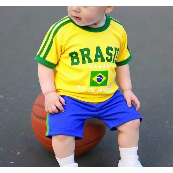 Blusa do Brasil Menino Bebê Infantil Conjunto Copa do Mundo Seleção Brasileira Premium Verde Amarelo