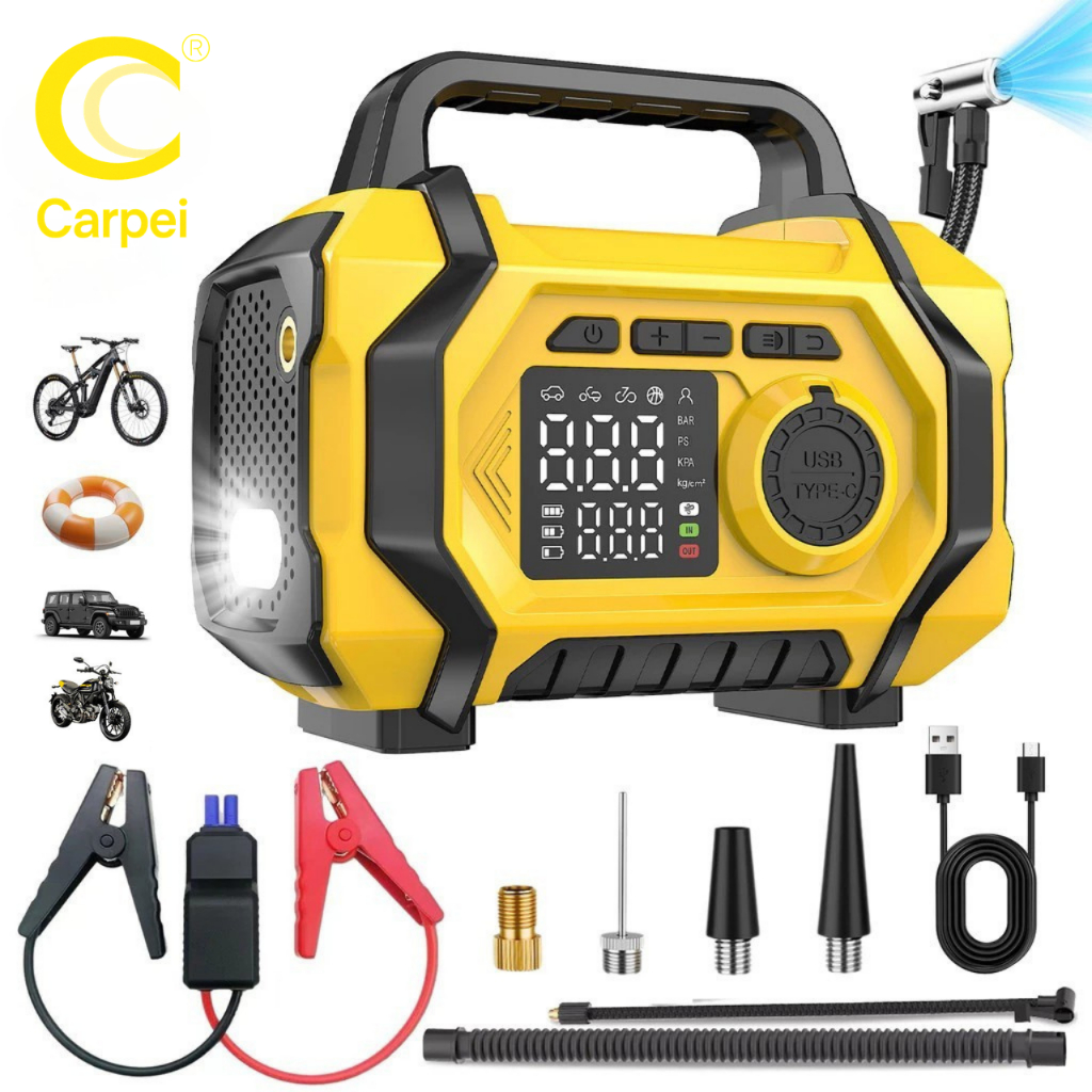 5 em 1 Auxiliador de Partida Compressor Ar PowerBank Led 8000 mAh 3500 Pa 6 Funções Carro Carpei