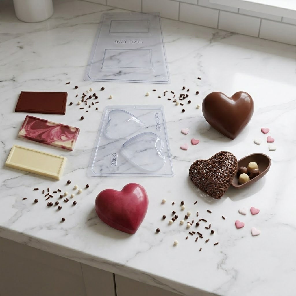 Kit 2 Formas para Chocolate BWB Coração 200g Especial (Cod 45) + Tablete Liso Simples (Cod 9796)
