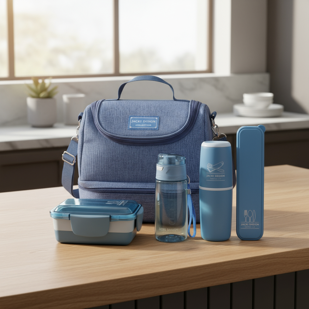 Kit de Bolsa Térmica c/ 2 Compartimentos, Copo e Marmita, Porta Talher e Porta Escova