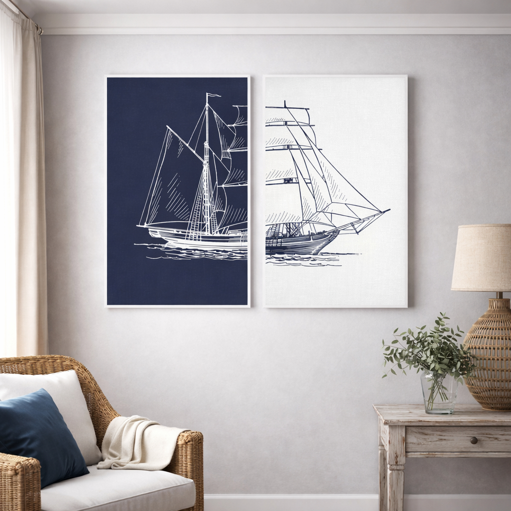 Quadro Decorativo Nórdico Náutico Barco Branco e Azul Mar Decoração Sala em Oferta na Shopee
