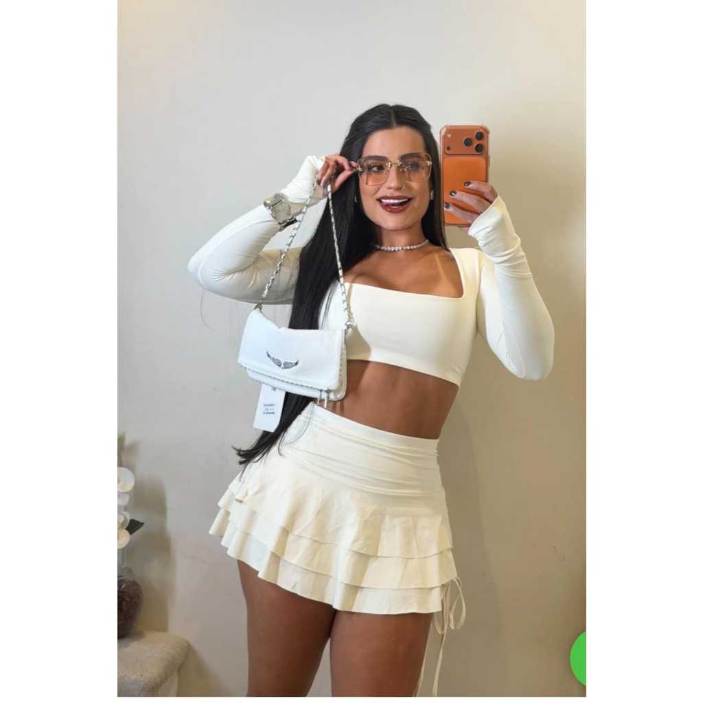 Conjunto Saia Crooped Manga Longa Básico Marrom  Curto Babado Plissada Decote Quadrado Suplex Dia Noite Balada 2 Pecas em Oferta na Shopee