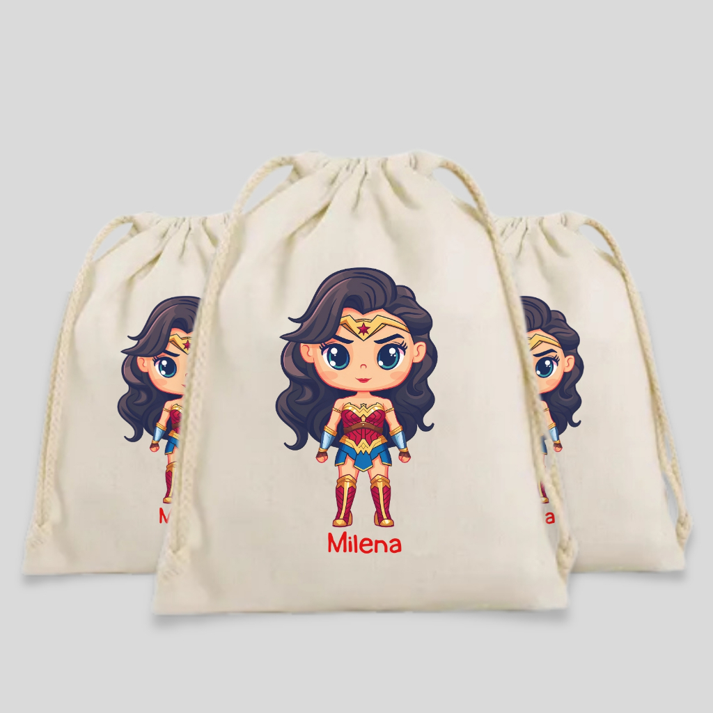 Saquinhos de Algodão Cru Tema Mulher-Maravilha Lembrancinha Personalizada Aniversário Mulher Maravilha Festa Infantil