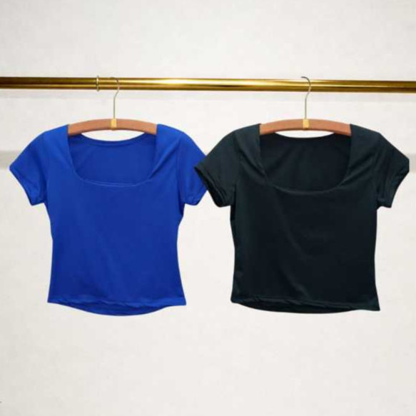 Kit 2 ou 1 Unidade Blusa Cropped Feminina Decotada Manga Curta Básica Poliéster Feminina Tendência Blusinha Blogueira