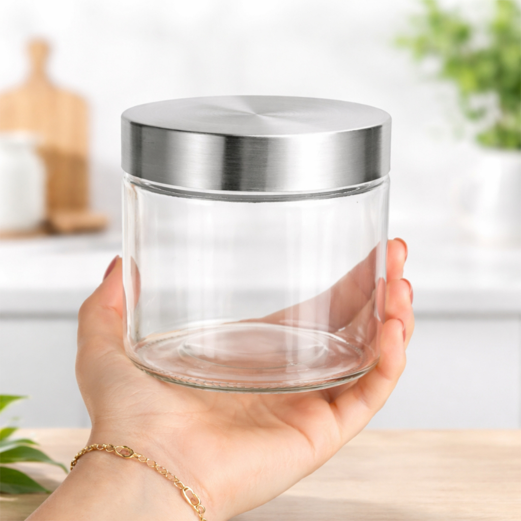 Pote de vidro Hermético Vidro Redondo Liso 800 ml Tampa inox Vidro Reforçado