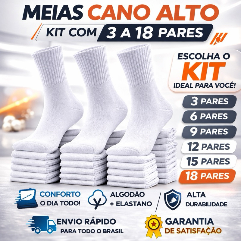 Kit 3 a 18 Pares de Meias Cano Alto Brancas Esportivas Algodão Premium Unissex 36 ao 44 em Oferta na Shopee