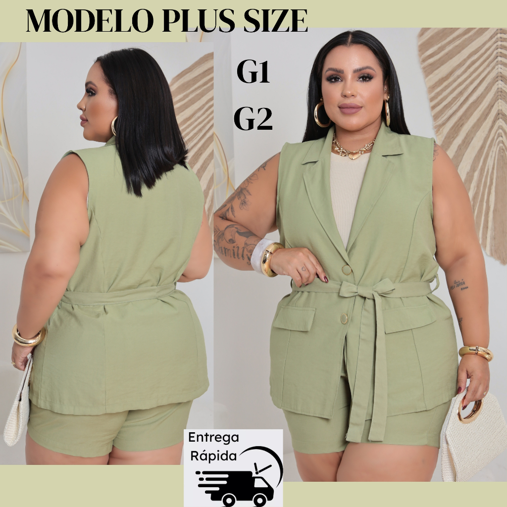 👗Plus Size G1 E G2 Conjunto Feminino Blazer Colete e Short com cos e elástico 2026 Luxo✨