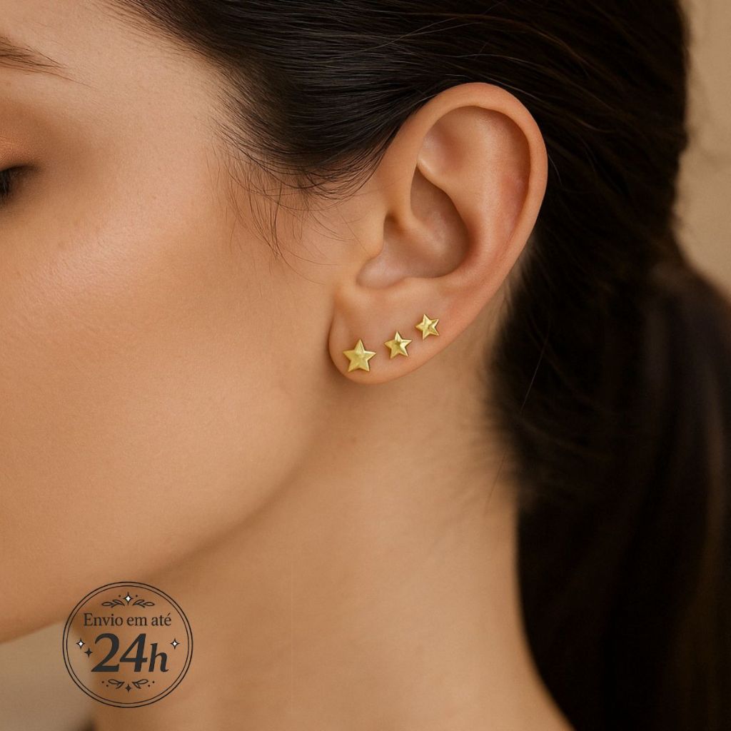 Kit Brincos Trio de Estrelas Minimalista Dourado Segundo Furo - Semijoia banhada -  Presente em Oferta na Shopee