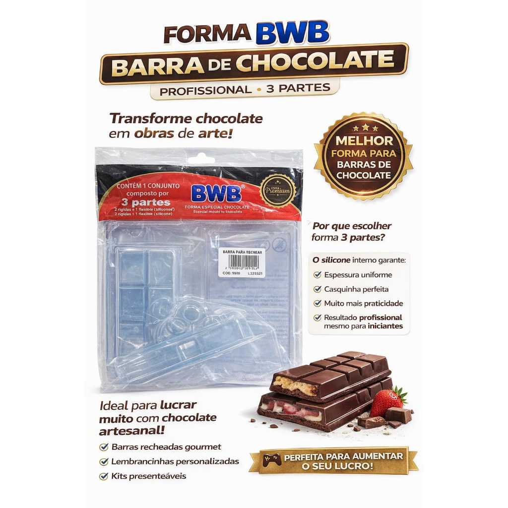 Forma barra de chocolate bwb 3 partes para chocolates em Oferta na Shopee