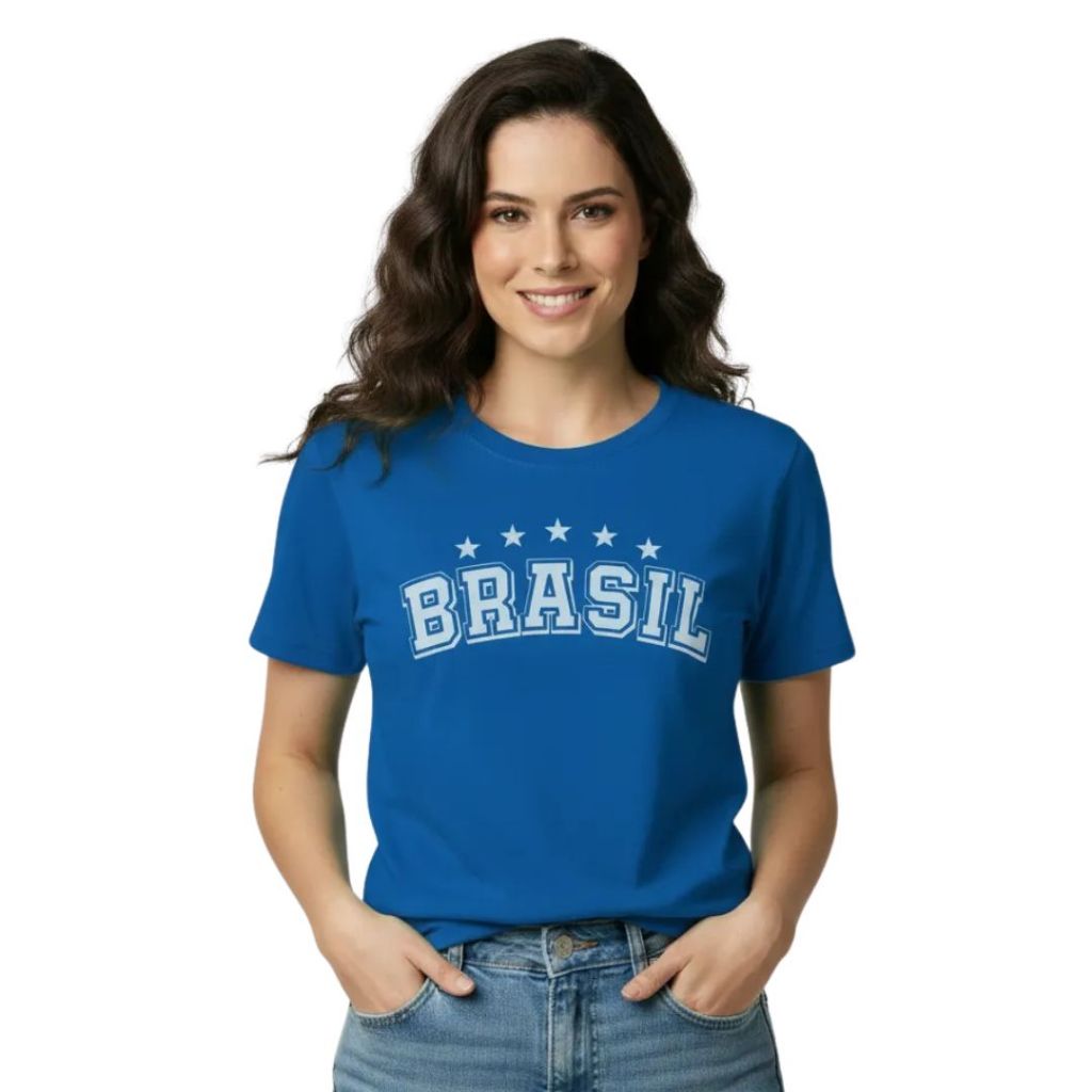 Camiseta Feminina Azul Copa do Mundo Brasil Slim Manga Curta Confortável Algodão Liso