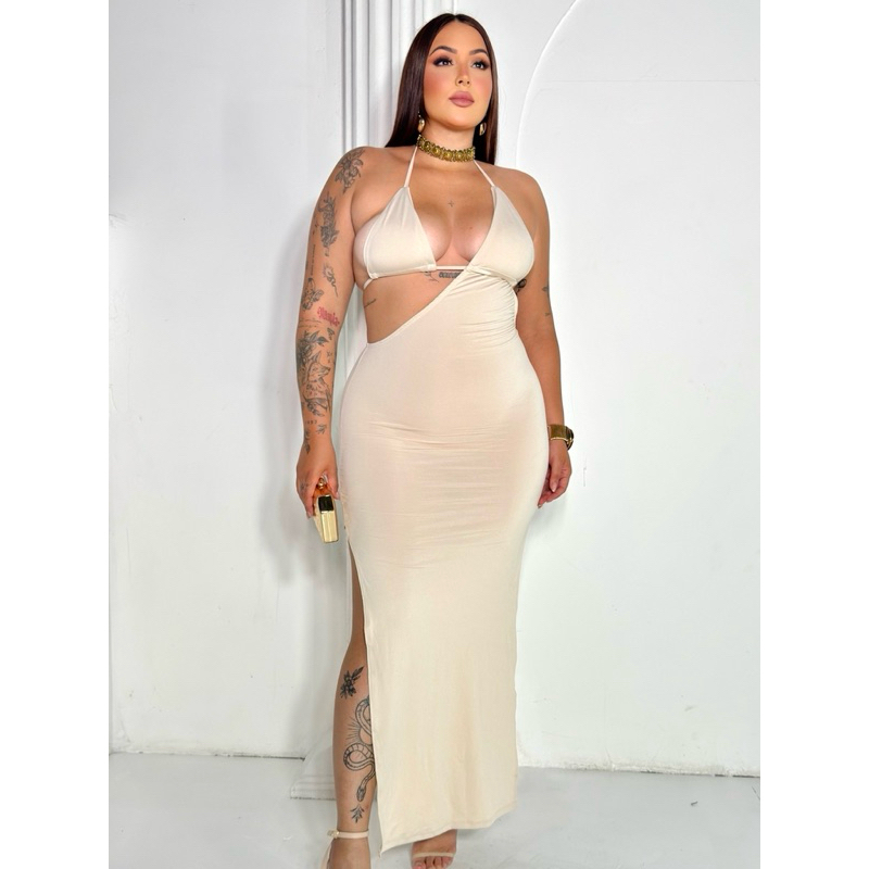 Vestido Feminino Carla Longo Plus Size Suplex Premium Frente Única com Fenda Lateral e Decote Sensual