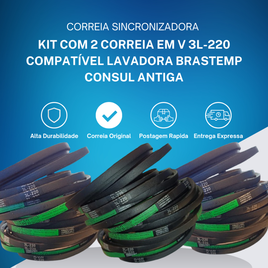 Kit com 2 Correias  Em V 3L220 Compatível Lavadora Brastemp Consul Antiga
