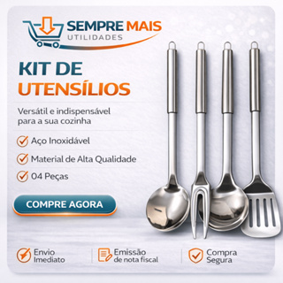 Kit Utensílios de Cozinha 4 Peças 100% Aço Inox Espatula Vazada Garfo Tridente Concha Colher Arroz em Oferta na Shopee