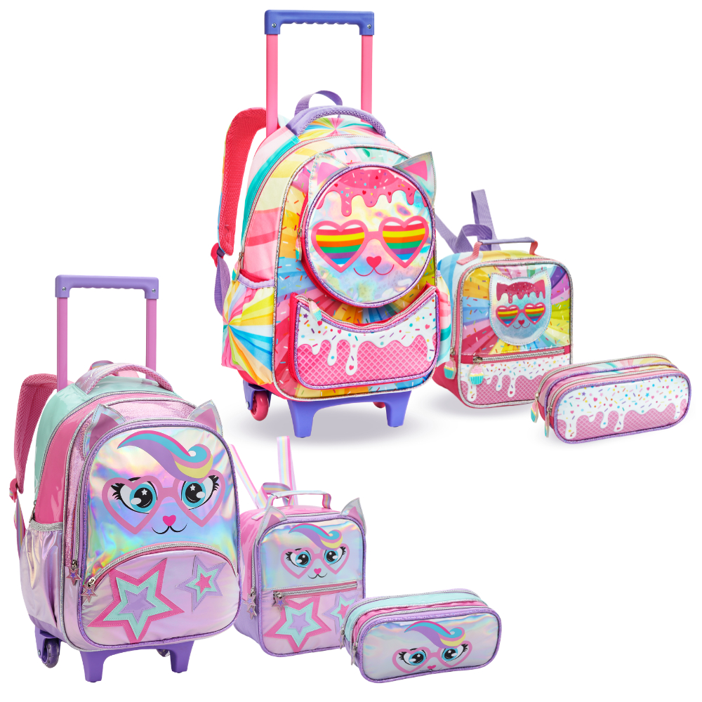 Kit Mochila Infantil Menina Escola De Rodinha Feminina Gatinha Arco Íris Lancheira Térmica e Estojo