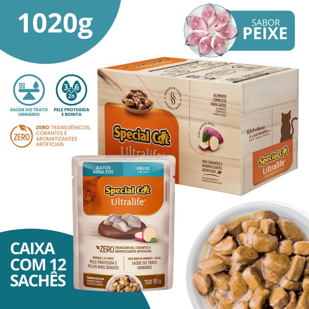 Caixa com 12 Special Cat Ultralife Sachê Adultos Sabor Peixe - 85g em Oferta na Shopee