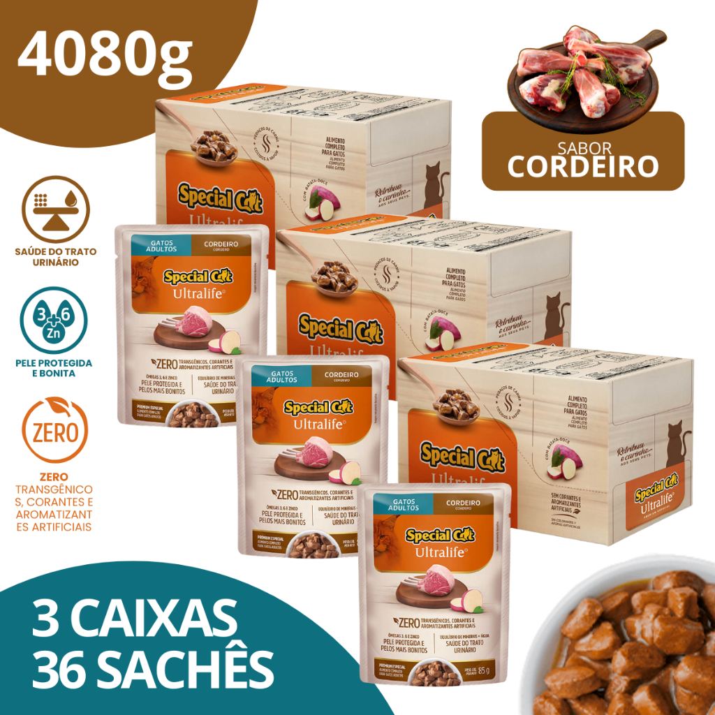 Kit 3 Caixa 12 Special Cat Ultralife Sachê Adultos Sabor Cordeiro - 85g
