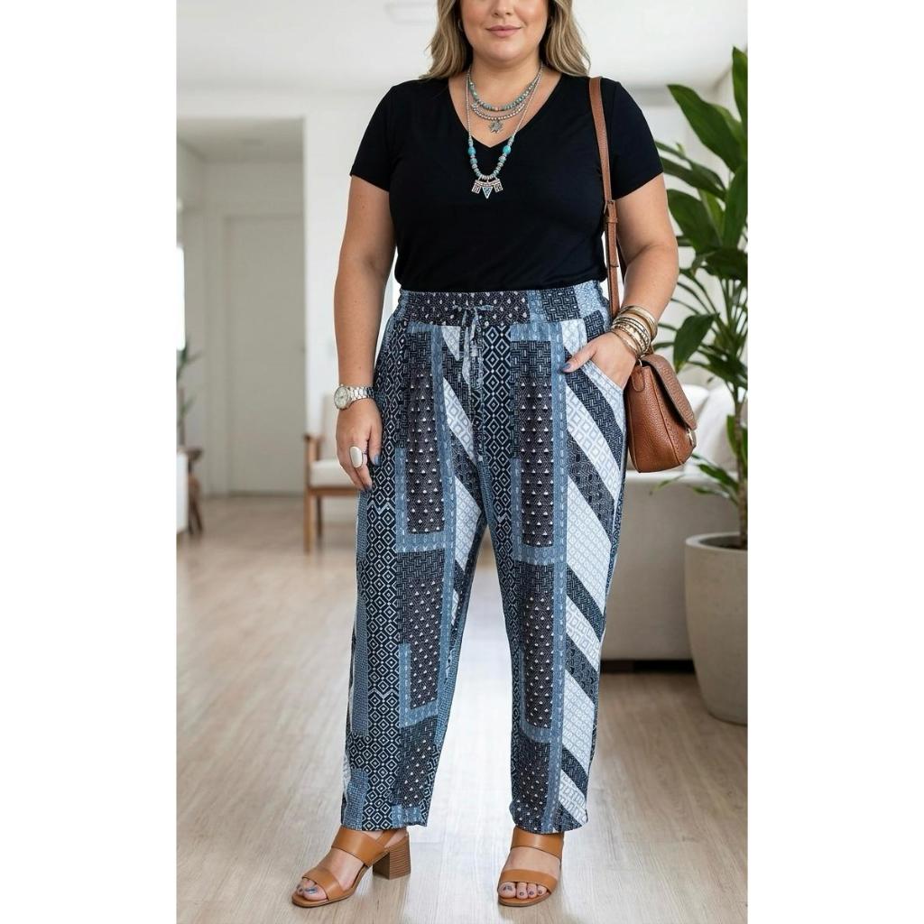 Calça Estampado de Malha fria, Soltinho, Leve e Fresquinho. Com Elástico na Cintura e com Bolsos.