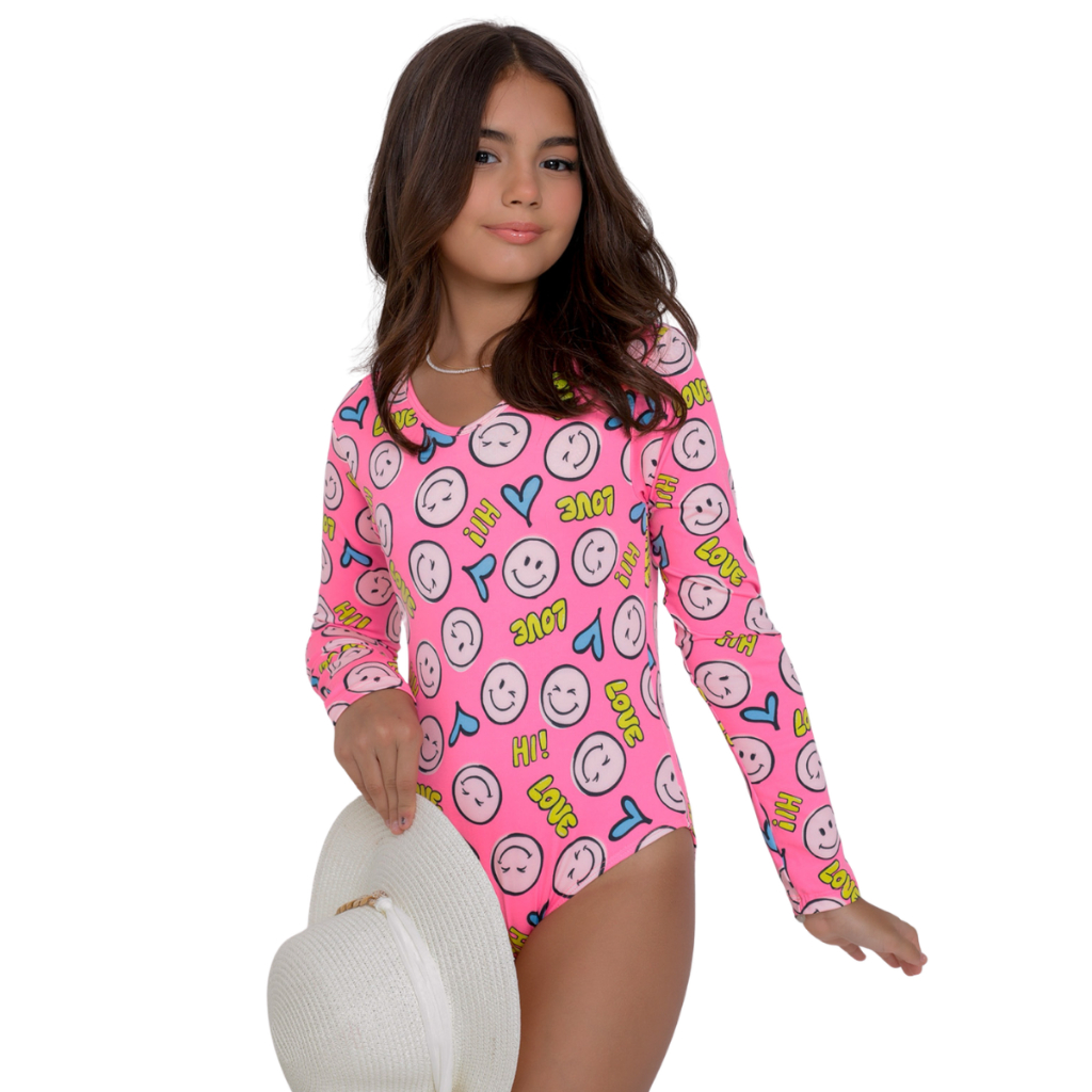 Maiô Infantil Juvenil Manga Longa Natação Praia Piscina Proteção UV Feminino
