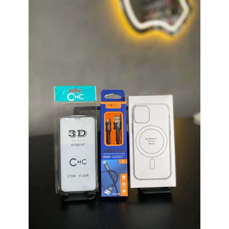 Kit iPhone capa magnética transparente película 3D Fone cabo Lightning completo, disponível para iPhone XR,11,12,13,14