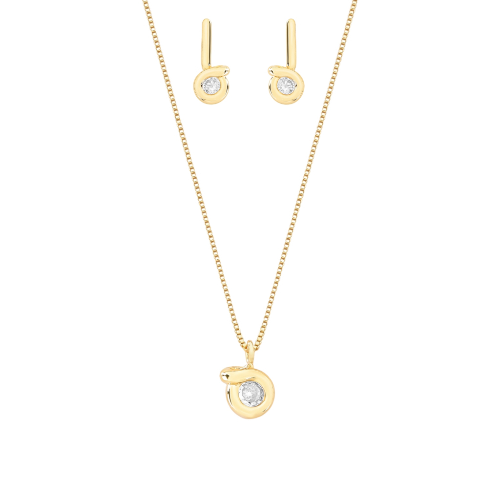 Conjunto Feminino Espiral E Brilho Folheado A Ouro 18k | Colar E Brincos Semi Joia Luxo Cravejado