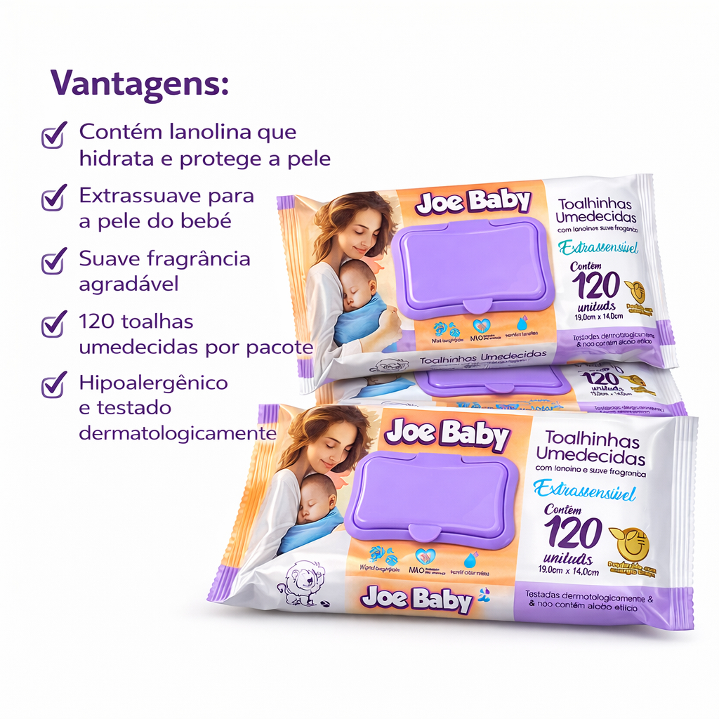 Kit 1440 lenços/Toalhas umedecidas Joe Baby caixa com 12 pacotes 120 und cada