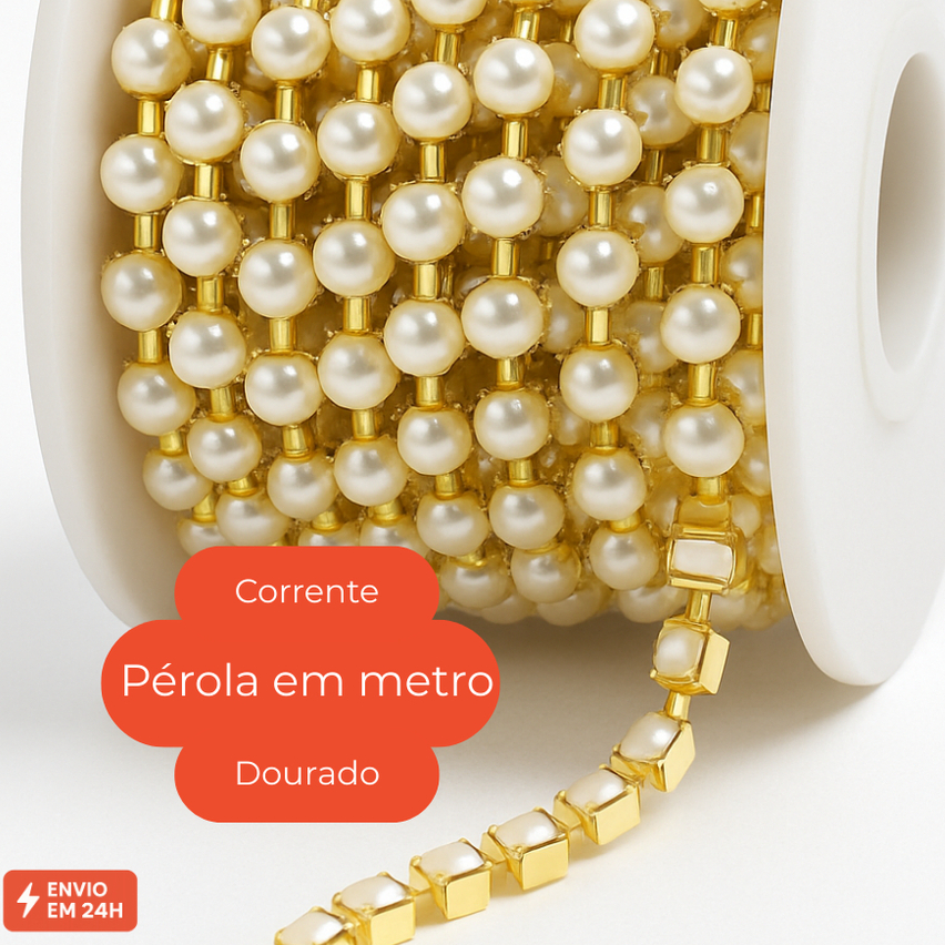Corrente de Pérola  em metros para Customizar Boné Copa da Mundo e Artesanato de Luxo