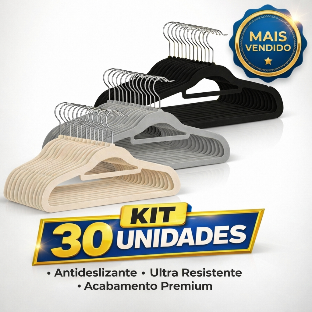 Vittak Kit 30 Cabides de Veludo Slim Adulto Antideslizante, Ultrafino, Resistente – Organizador Premium