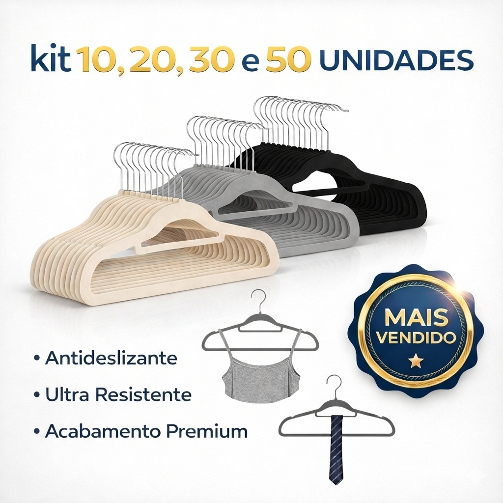 Vittak Kit Cabides de Veludo Slim Adulto Antideslizante e Resistente – Organizador | 10, 20, 30 ou 50 Unidades em Oferta na Shopee