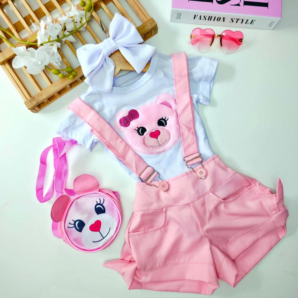 Conjunto Infantil Jardineira Salopete C/Blusa + Bolsinha Ursinha Menina Blogueirinha Luxo