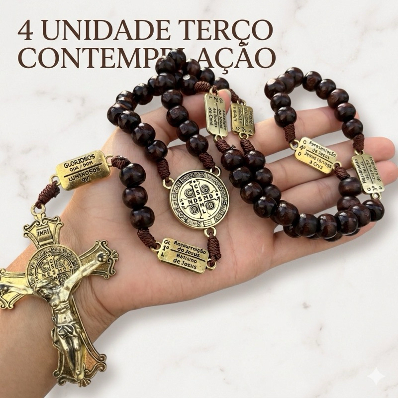 Terço Católico Contemplação dos Mistérios São Bento Bronze Ouro Velho Rosário Madeira Imbuia PRESENTE RELIGIOSO em Oferta na Shopee
