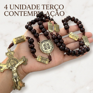Terço Católico Contemplação dos Mistérios São Bento Bronze Ouro Velho Rosário Madeira Imbuia PRESENTE RELIGIOSO em Oferta na Shopee
