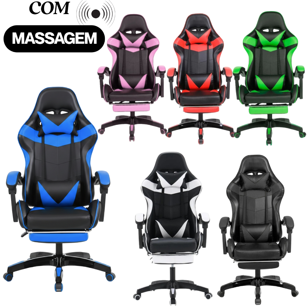 Imagem Cadeira Gamer Escritório Giratoria Com MASSAGEM Lods Gamers Ergonômica Apoio de Pe   Vibrantes Jogos