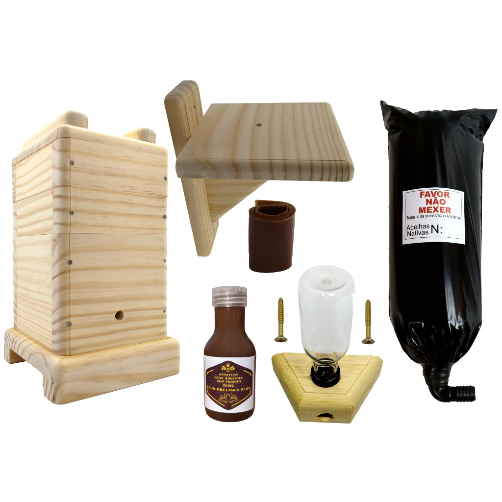 Caixa para abelha Jataí 12x12 + 50ml Atrativo + suporte de parede + Isca Pet + alimentador + cera