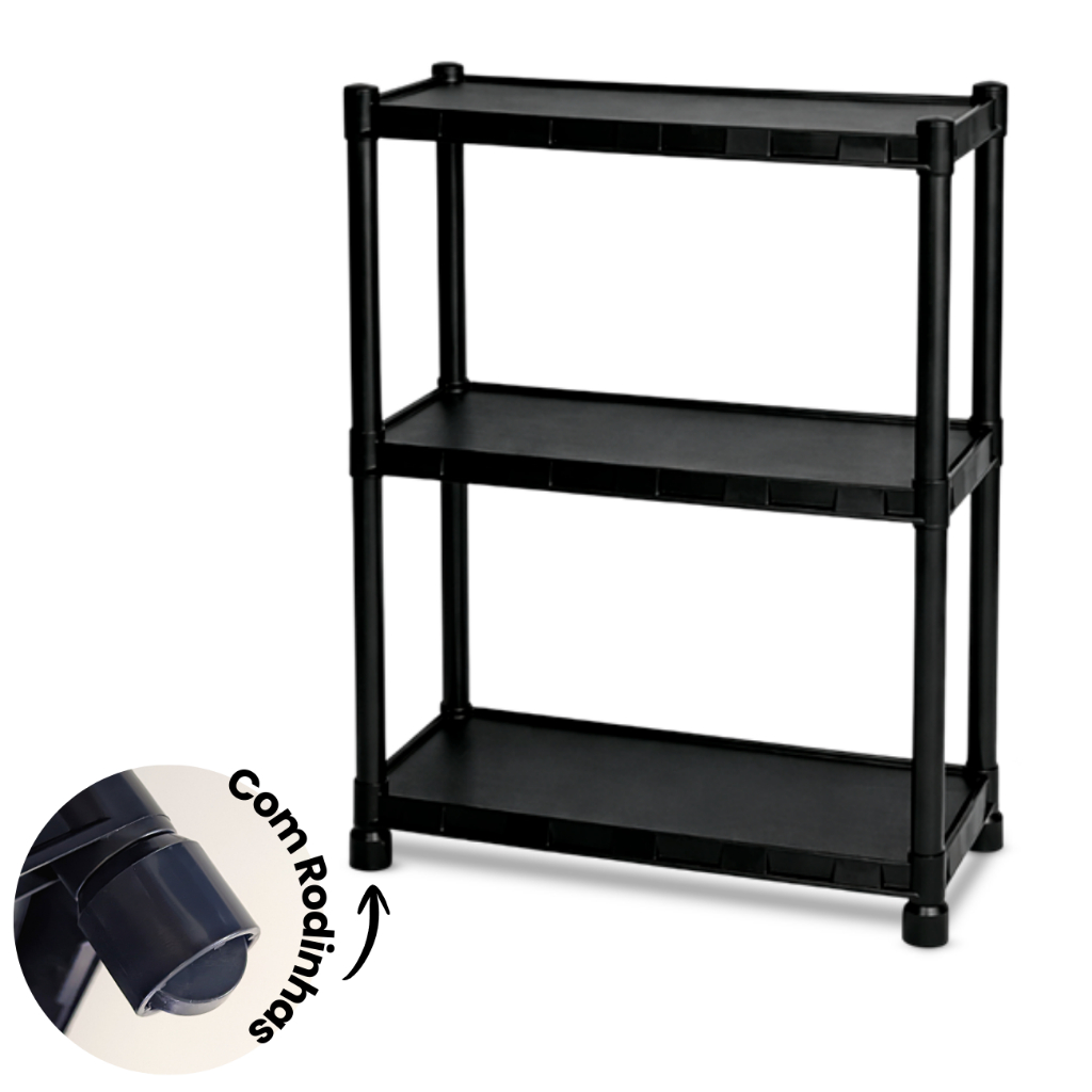 Estante Prateleira Móvel Organizadora Plástico Preto Com Rodinhas No Pé Rodas