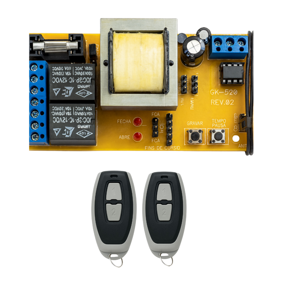 Kit Placa Central De Motor Portão Eletrônico GK-520 para Motor Portão Automático com 2 Controles 433mhz Configurados