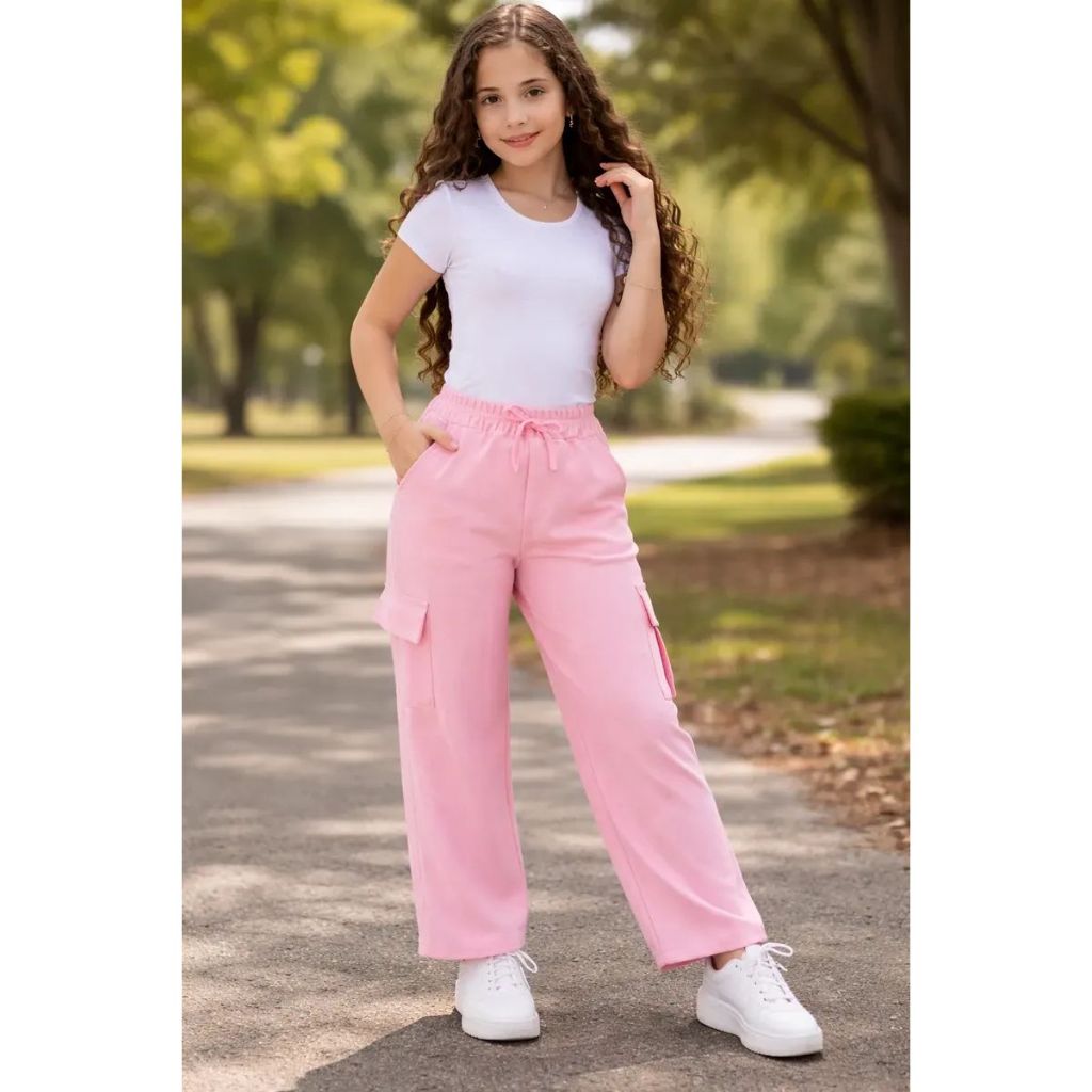 Calça Cargo Menina Wide Leg Juvenil Tecido Bengaline (10 a 16 Anos)