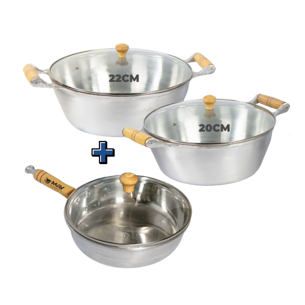 Jogo de Panelas 20 e 22 cm + Frigideira 20cm Alumínio Fundido Batido Grosso com Alças de Madeira em Oferta na Shopee