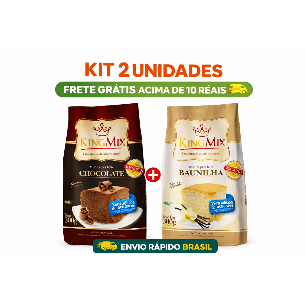 KIT 1 Mistura Bolo Baunilha + Bolo Chocolate Zero Açúcar King Mix 300g Sem Glúten Sem Lactose
