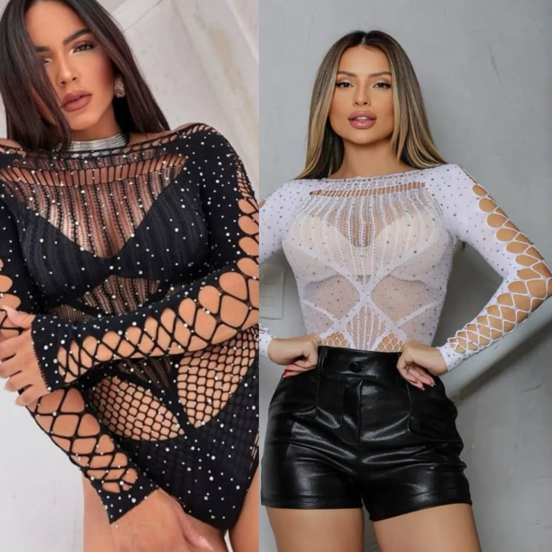 Body strass branco e preto sexy transparente com brilho