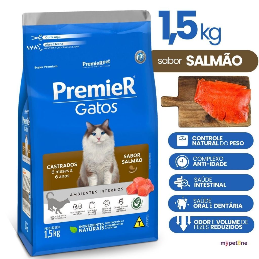 Premier Gatos Castrados Salmão 1,5kg Idade 6 Meses a 6 Anos em Oferta na Shopee