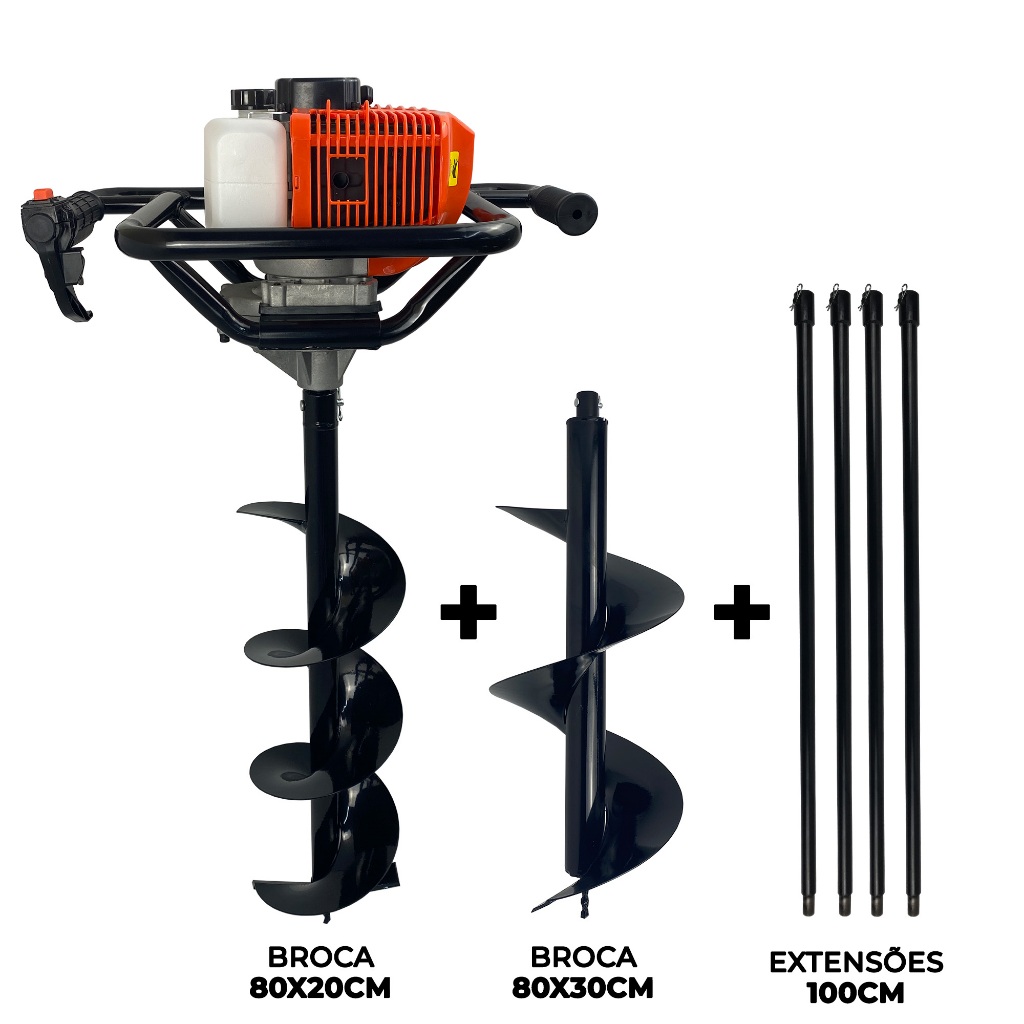 Perfurador de Solo a Gasolina 52cc 2,5HP com Brocas 80x20cm + 80x30cm + 4x Extensor 1m FAK520PS Carbon Fak
