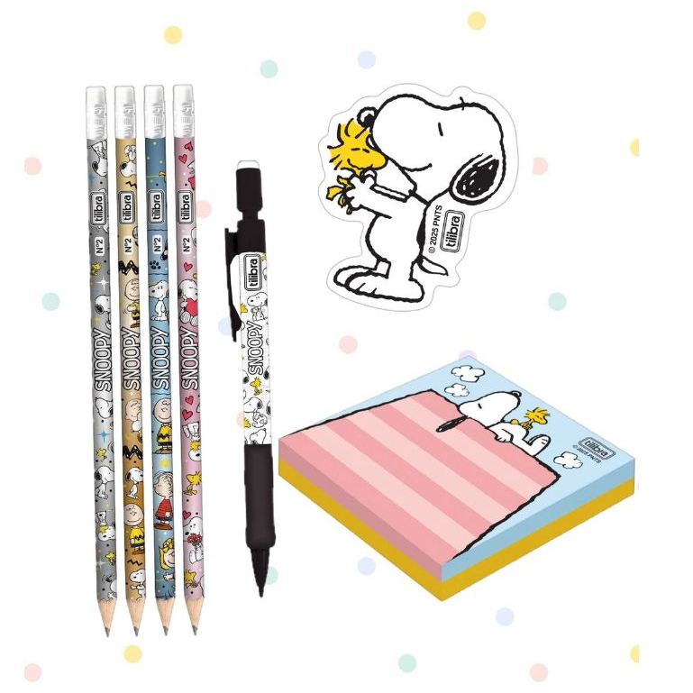 Kit do Snoopy / 1 Borracha + 4 lápis + 1 lapiseira + 1 bloco Snoopy Tilibra em Oferta na Shopee