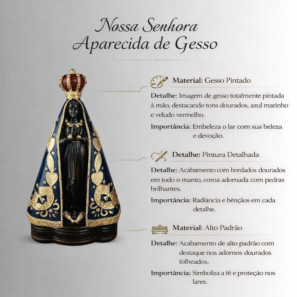 Imagem Nossa Senhora Aparecida Luxo Gesso Pintada à Mão Estátua Católica Decorativa Altar Presente Fé Proteção