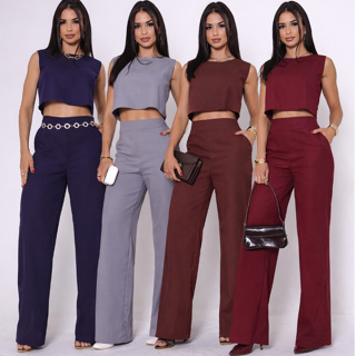 Conjunto Alfaiataria Social Calça Pantalona + Blusa Regata de Linho Elegante Chique em Oferta na Shopee