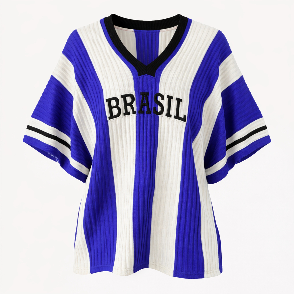 Blusa Tricot Feminina Brasil Verde Amarelo Manga Curta Suéter Tricô Estampa Brasil Copa Moda Casual