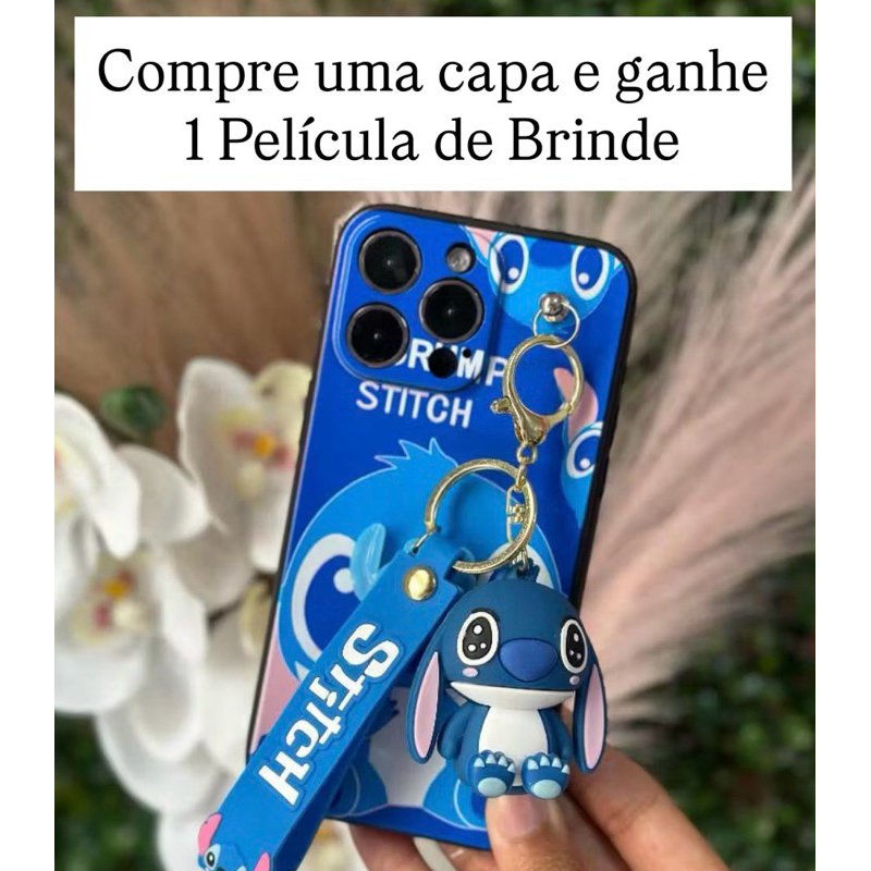 Capa + Pelicula de Celular Stitch Fofo com Chaveiro para iPhone 7/8 Plus, 14, 14 Pro Max, 15 Pro, 15 Pro Max