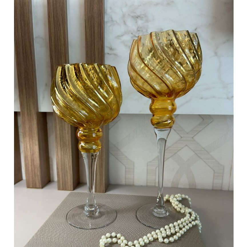 Adorno Decorativo em Vidro Dourado Grande Castiçal Decoração Elegante Sala  Casa Home  (Conj. 2 peças)