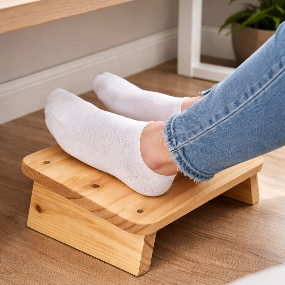 Apoio para Descanso Pés Ergonômico para Escritório Home Office Barbearia em Madeira Pinus Natural