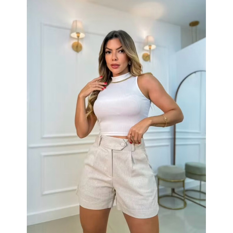 SHORT FEMININO LINHO COM FORRO CASUAL BERMUDA